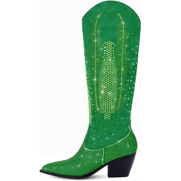 Women Polyurethane Green Knee High Rhinestone Bling Pointed Toe Cowgirl Western - Picture 2 of 6